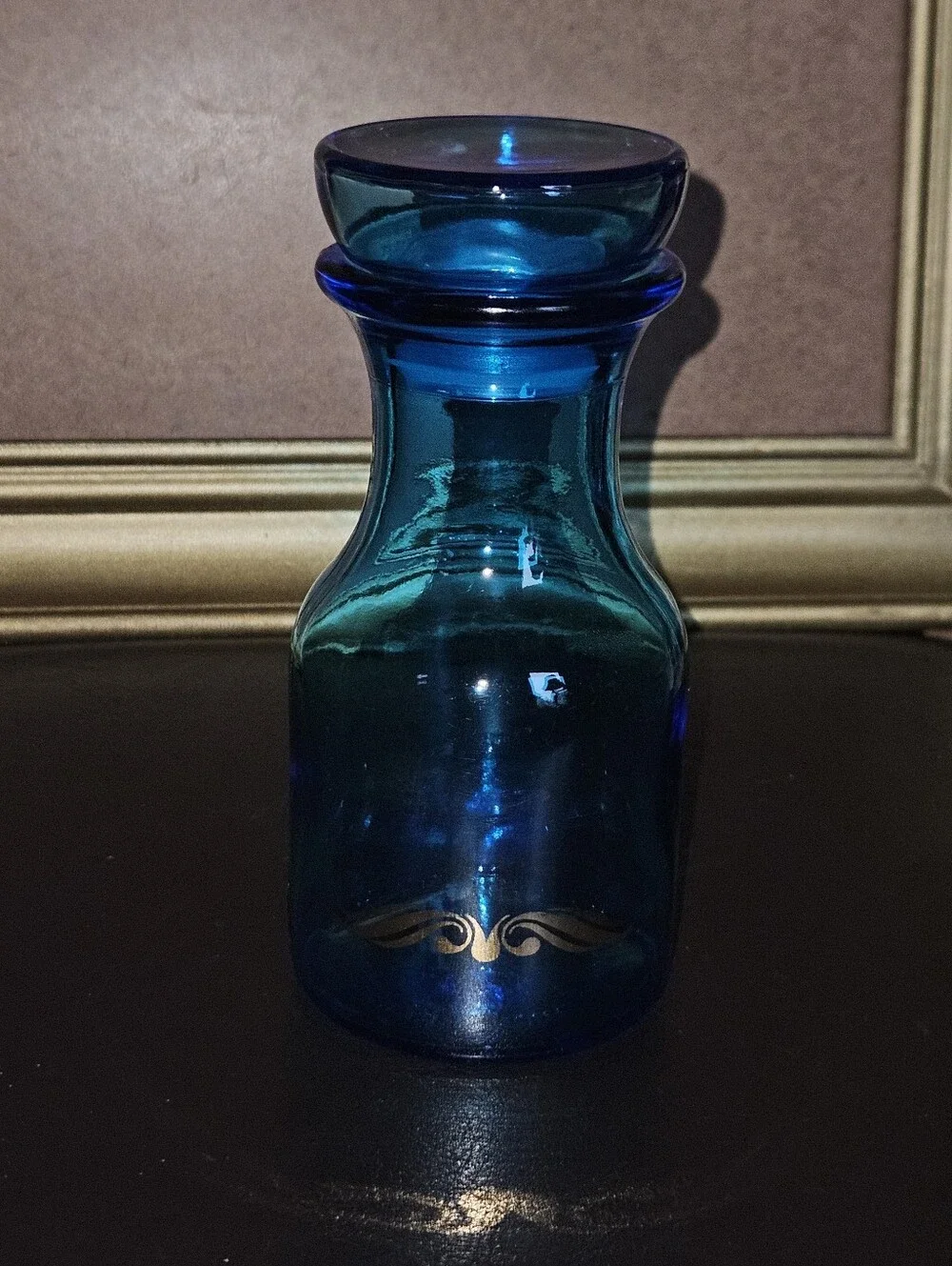 Vtg Belguim Glass Jar w/lid  Beautiful Blue w Gold Trim